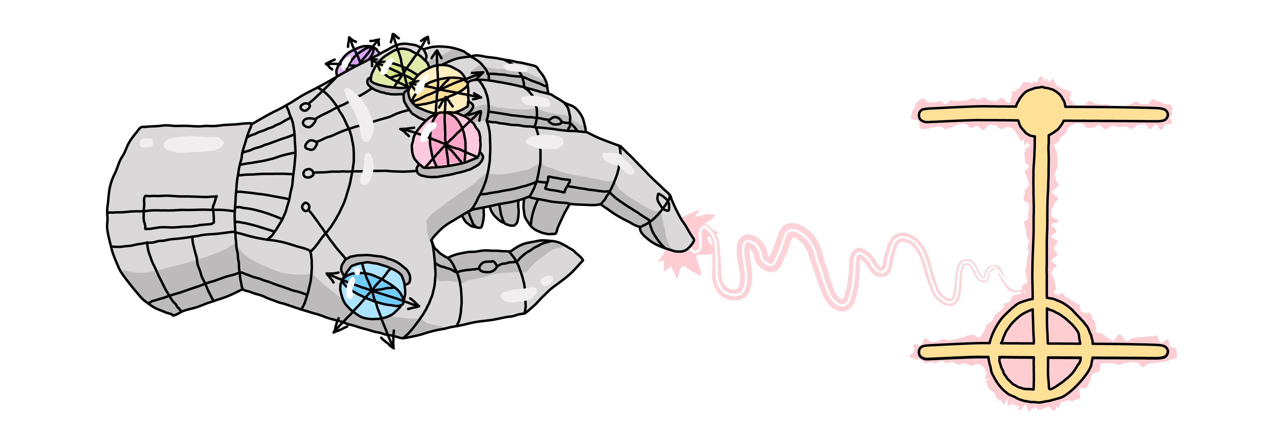 Illustration of a metal hand crafting a CNOT gate, using qubit systems